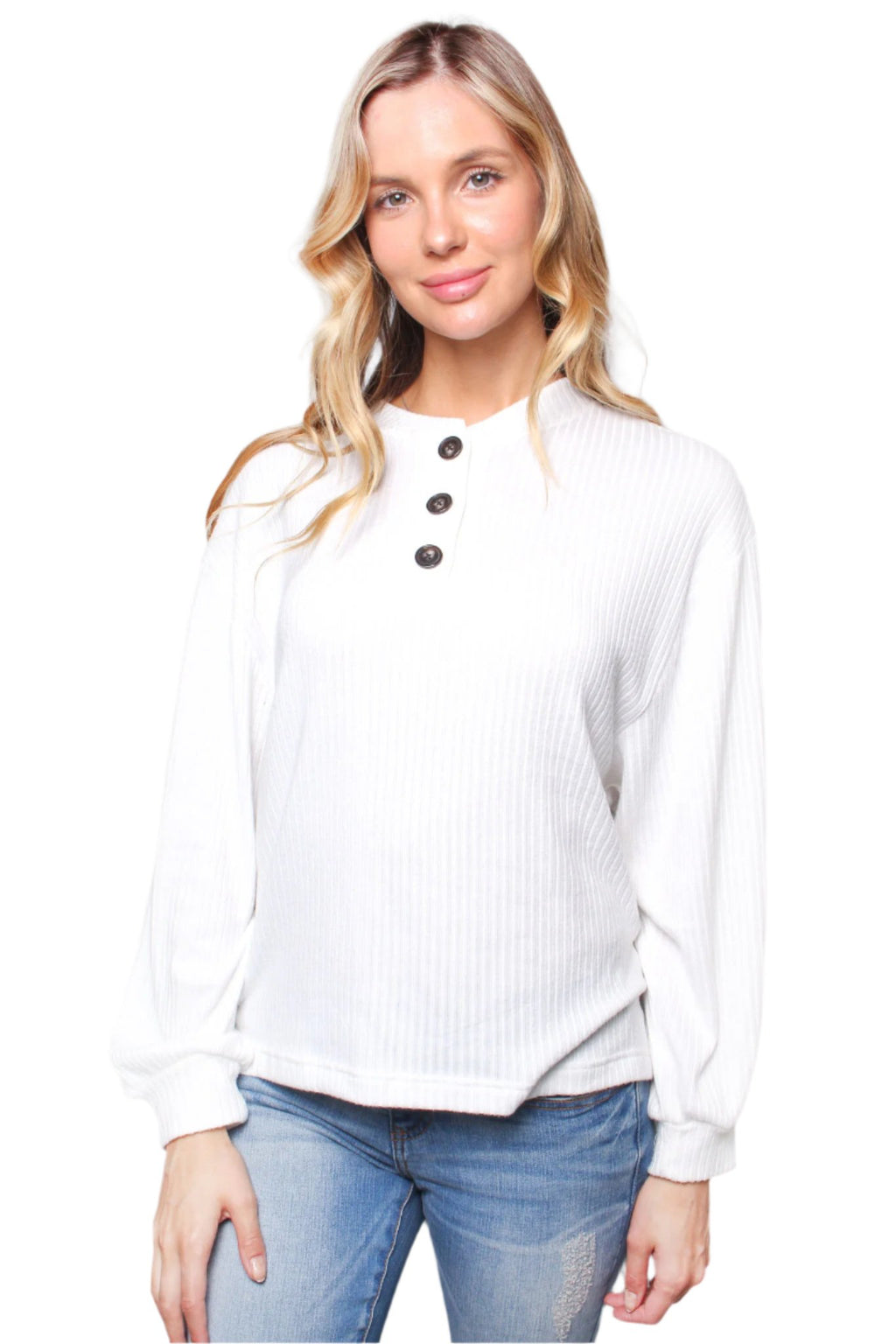 Women's Solid Long Sleeve Ribbed Henley Top