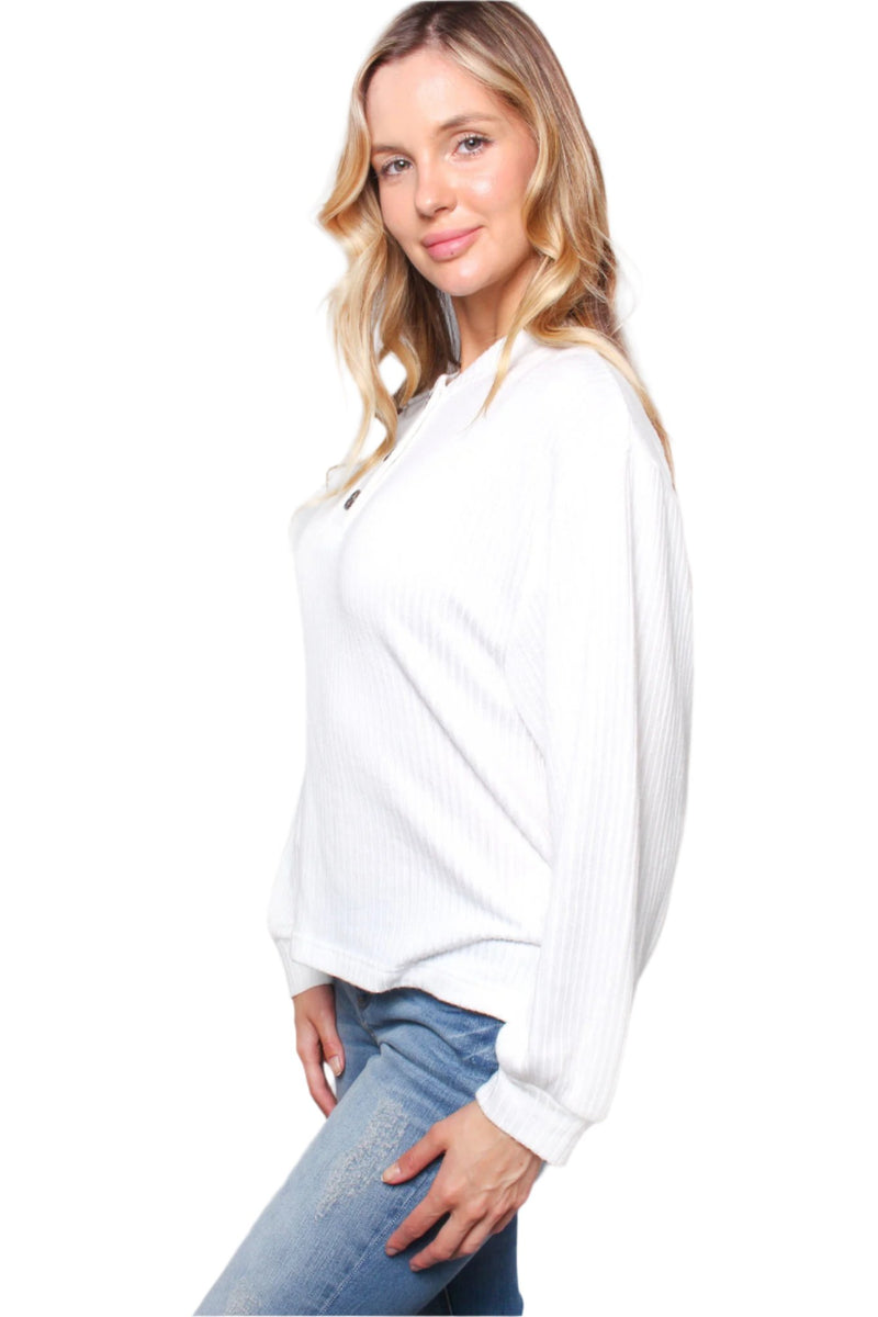 Women's Solid Long Sleeve Ribbed Henley Top