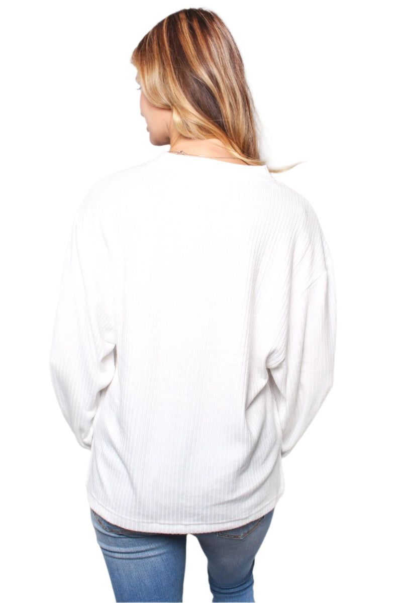 Women's Solid Long Sleeve Ribbed Henley Top