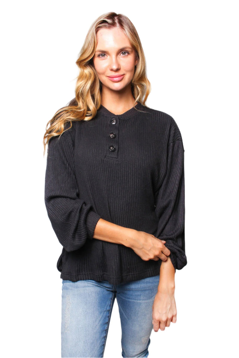 Women's Solid Long Sleeve Ribbed Henley Top