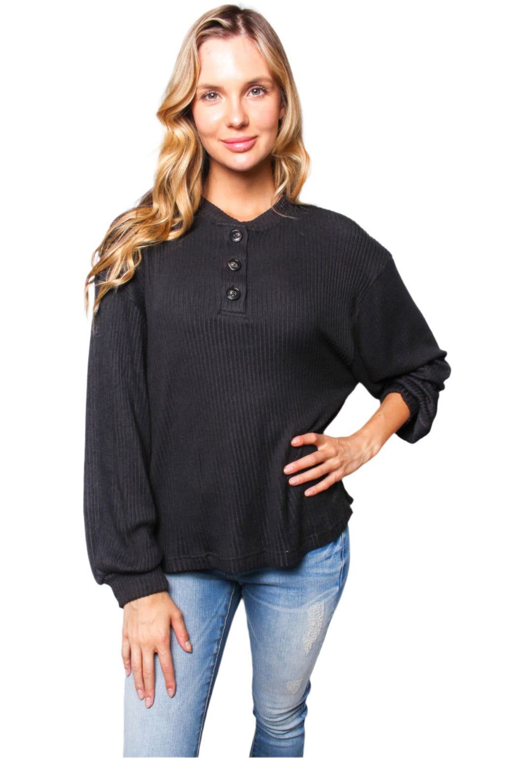 Women's Solid Long Sleeve Ribbed Henley Top