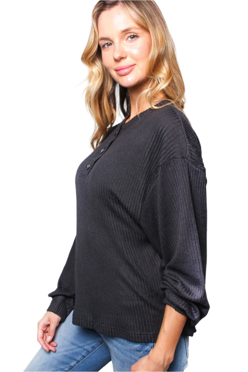 Women's Solid Long Sleeve Ribbed Henley Top