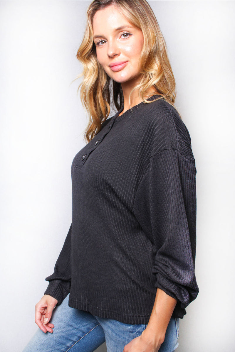 Women's Solid Long Sleeve Ribbed Henley Top