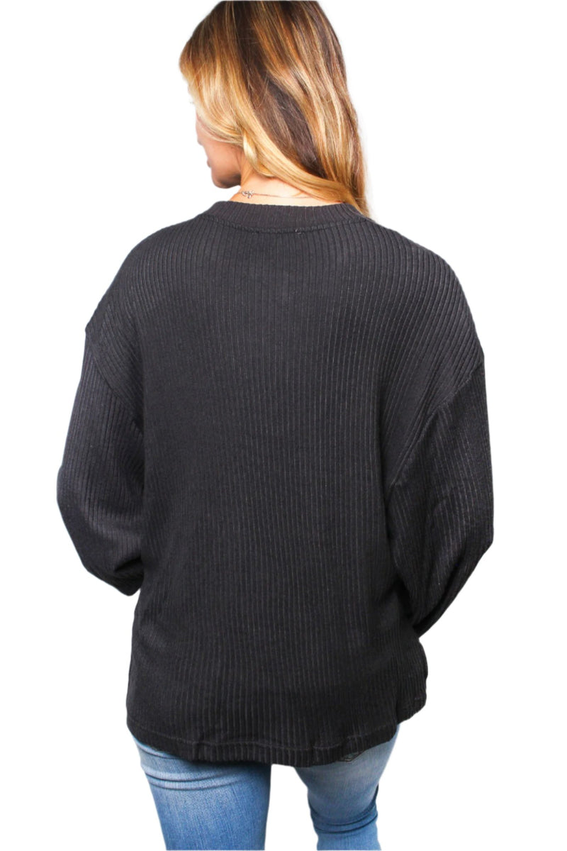 Women's Solid Long Sleeve Ribbed Henley Top