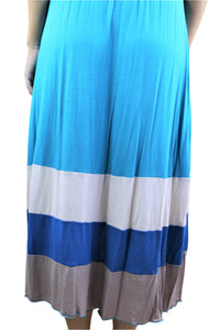This open back halter dress comes in a blue stripe design and is constructed of 92% rayon and 8% spandex. The flowy design is perfect for your boutique.