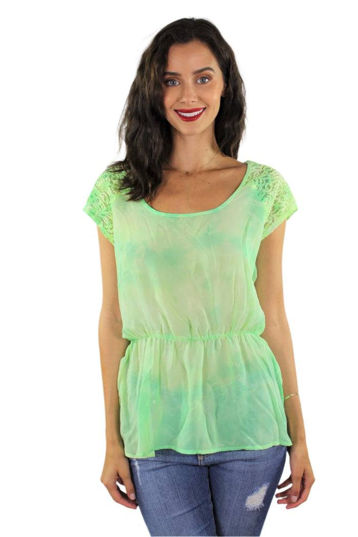 Women's Cap Sleeve Neon Green Top with Lace Detail
