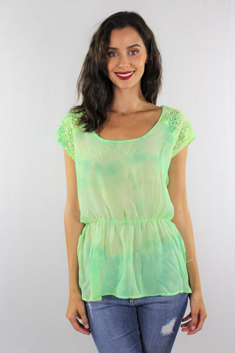 Women's Cap Sleeve Neon Green Top with Lace Detail