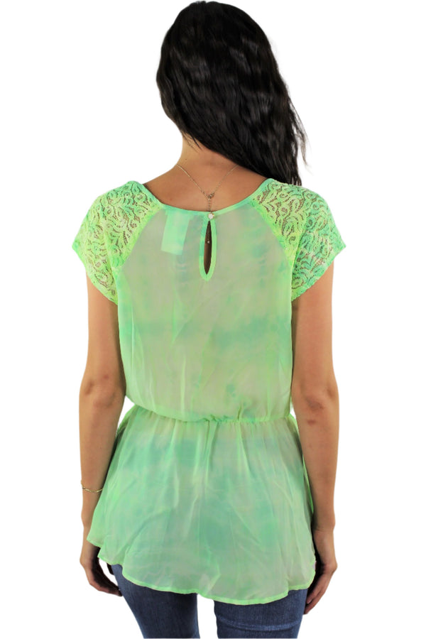 Women's Cap Sleeve Neon Green Top with Lace Detail