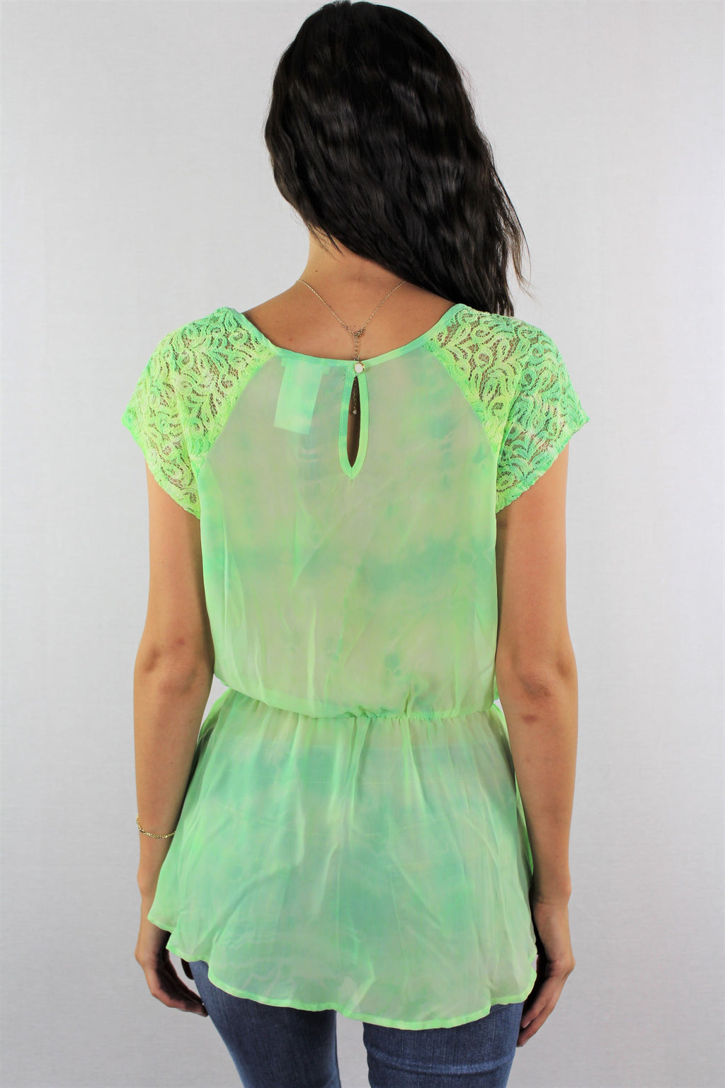 Women's Cap Sleeve Neon Green Top with Lace Detail