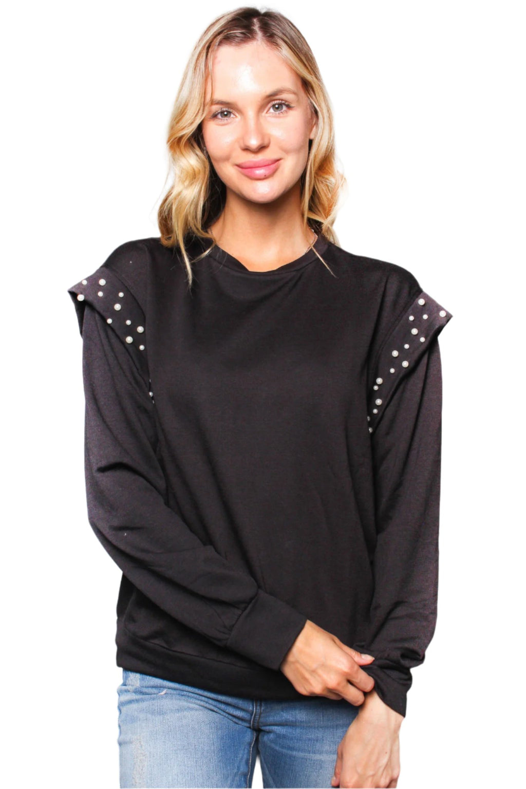 Women's Solid Faux Pearl Trim Long Sleeve Top