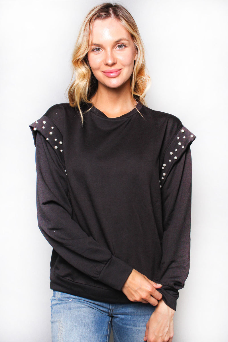 Women's Solid Faux Pearl Trim Long Sleeve Top