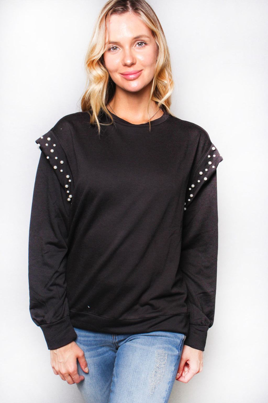Women's Solid Faux Pearl Trim Long Sleeve Top