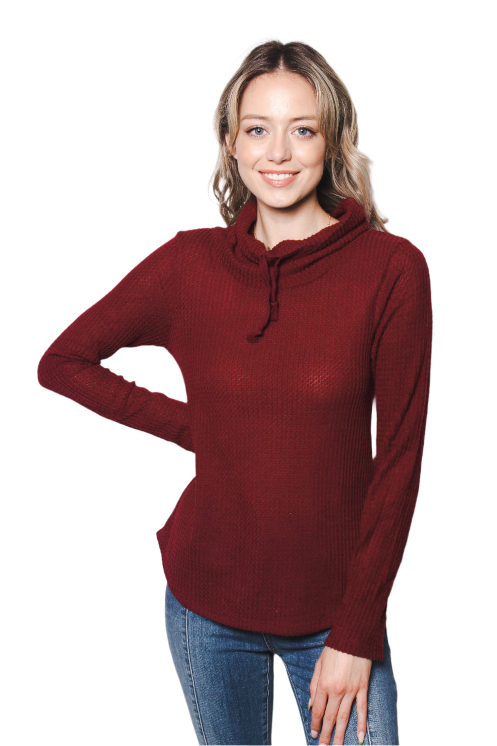 Women's Waffle Knit Cowl Neck Long Sleeve Top