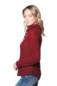 Women's Waffle Knit Cowl Neck Long Sleeve Top