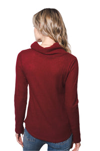 Women's Waffle Knit Cowl Neck Long Sleeve Top