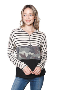 Women's Zipped Up Long Sleeves Camo Striped Color Block Top