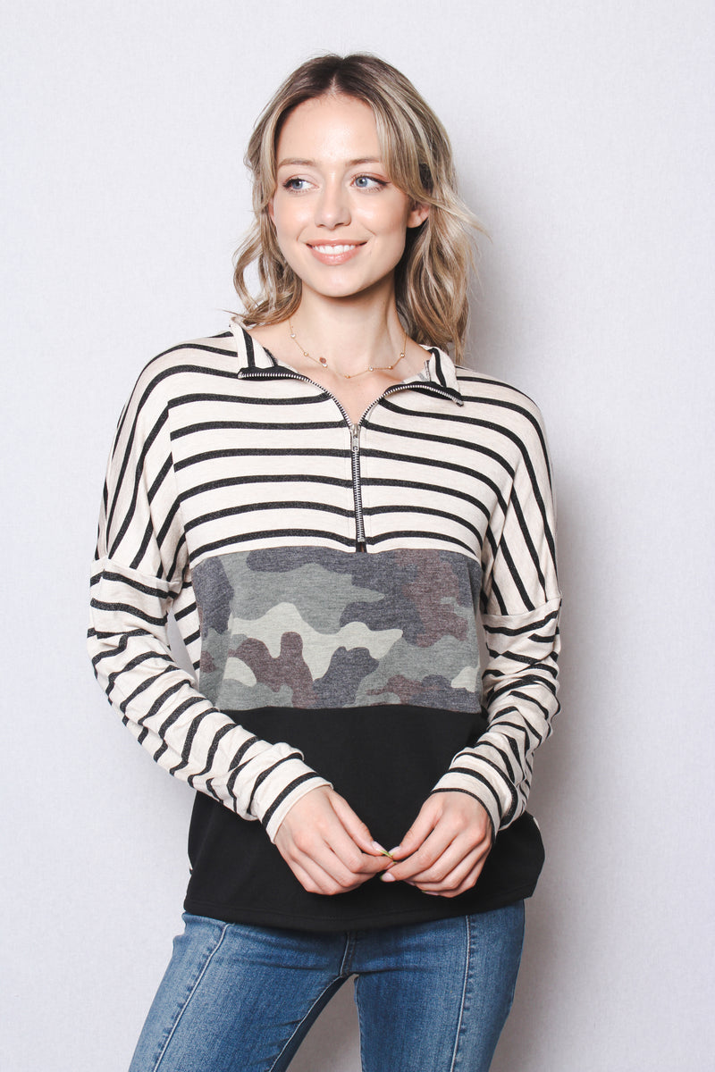 Women's Zipped Up Long Sleeves Camo Striped Color Block Top