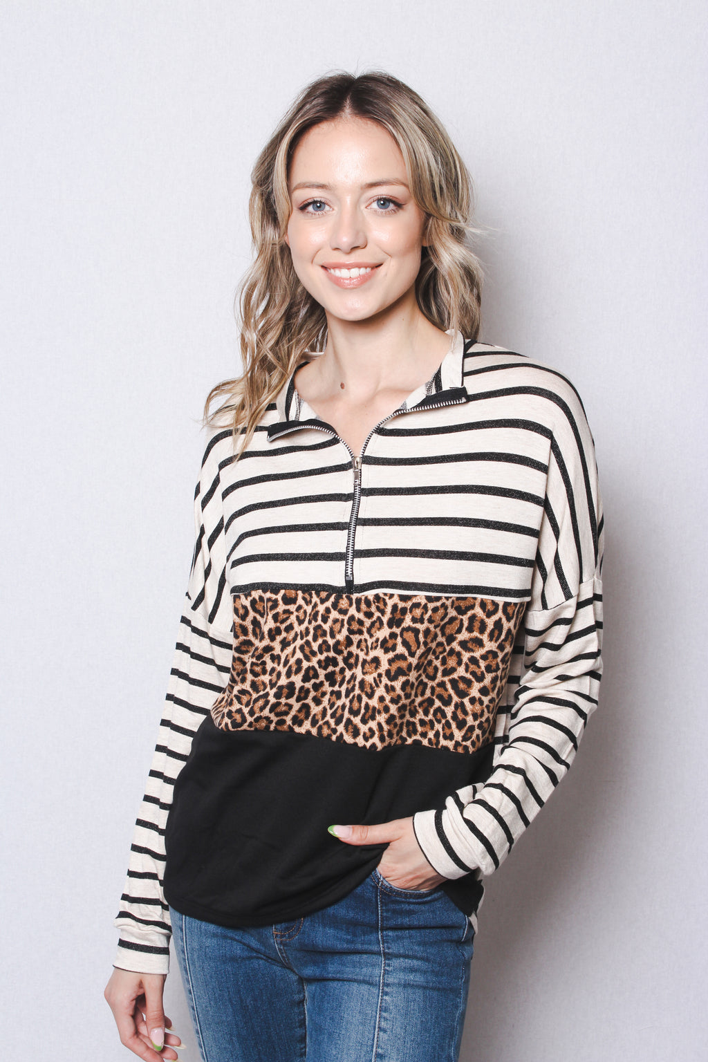 Women's Zipped Up Long Sleeves Animal Print Striped Color Block Top