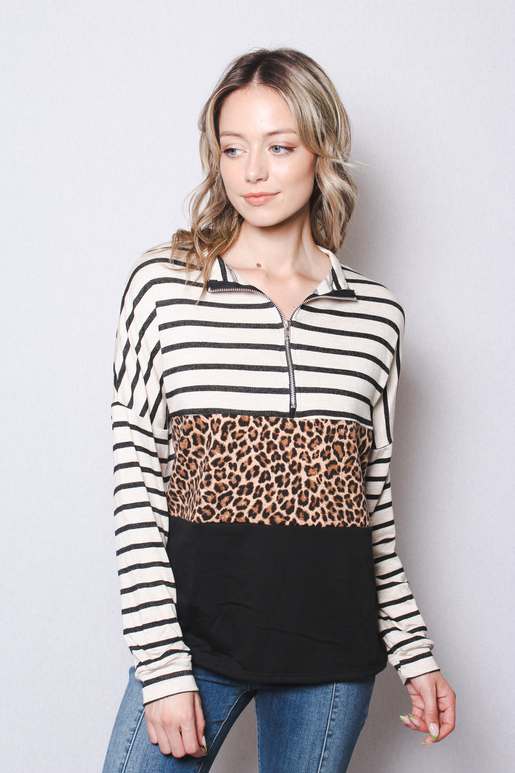 Women's Zipped Up Long Sleeves Animal Print Striped Color Block Top