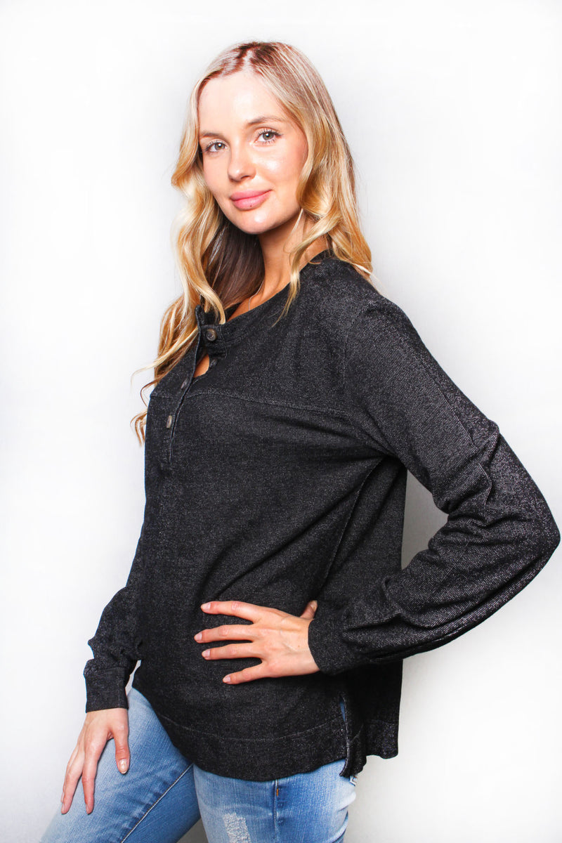 Women's Solid Long Sleeve Henley Top