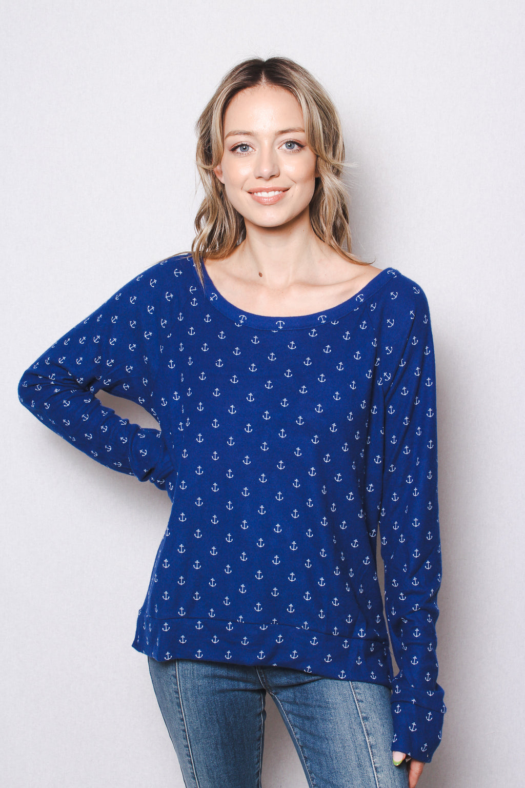 Women's Long Sleeves Anchor Print Lightweight Sweater