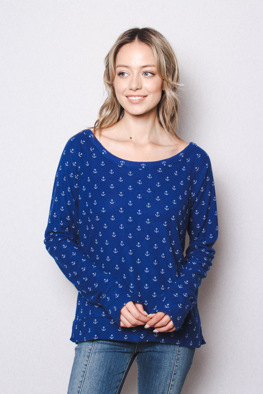 Women's Long Sleeves Anchor Print Lightweight Sweater