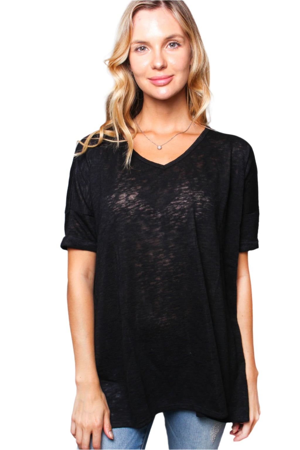 Women's V-Neck Rolled Short Sleeve Knit T-Shirt