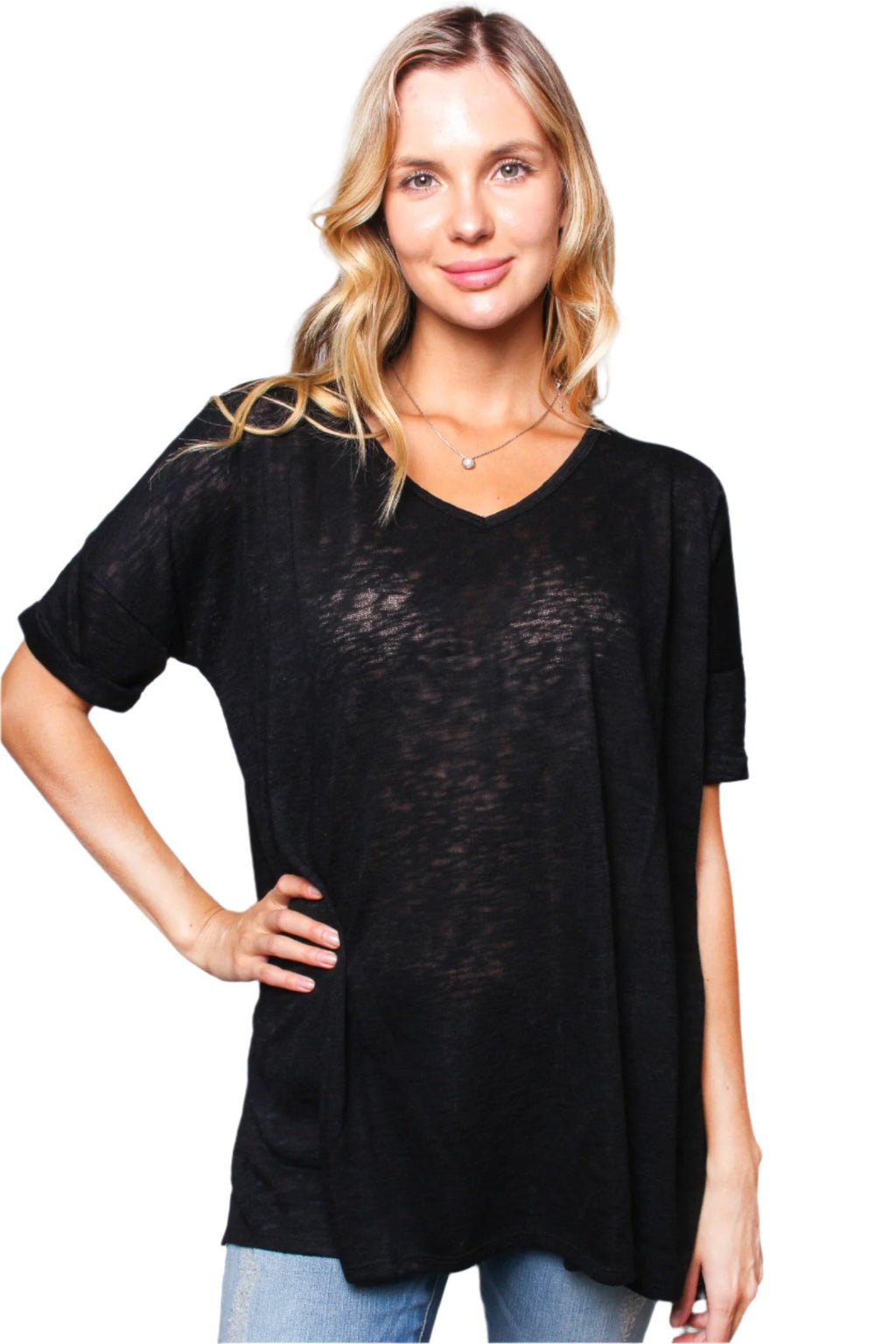 Women's V-Neck Rolled Short Sleeve Knit T-Shirt