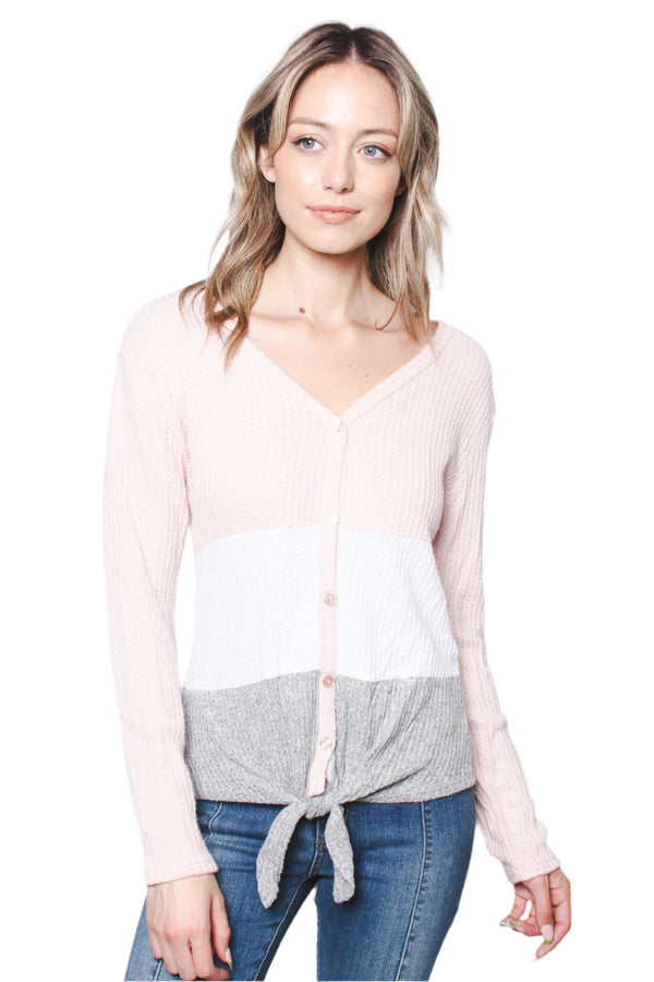 Women's Button Down Hi Low Waffle Top With Front Knot
