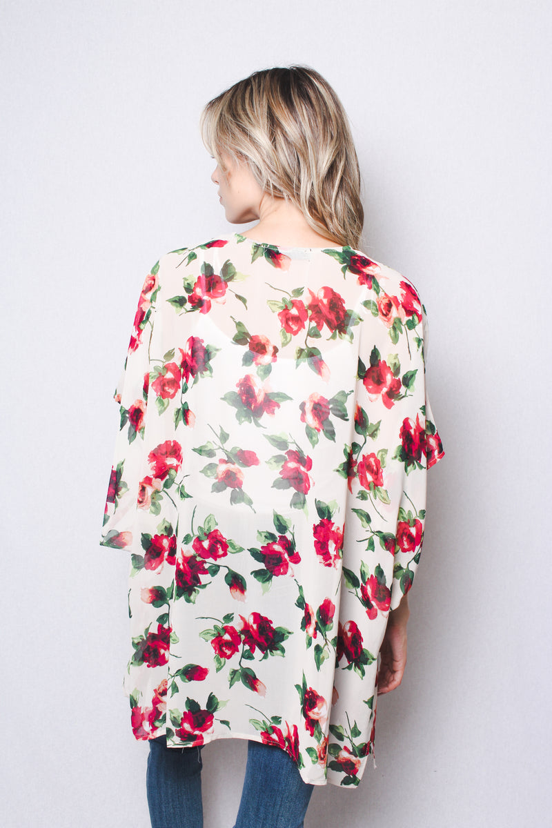 Women's Floral Print Chiffon Kimono Cardigan