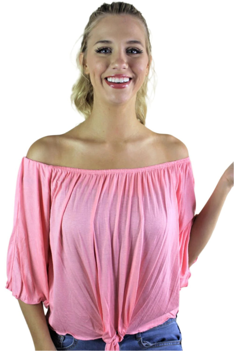 Women's Off Shoulder Solid Top with Front Knot