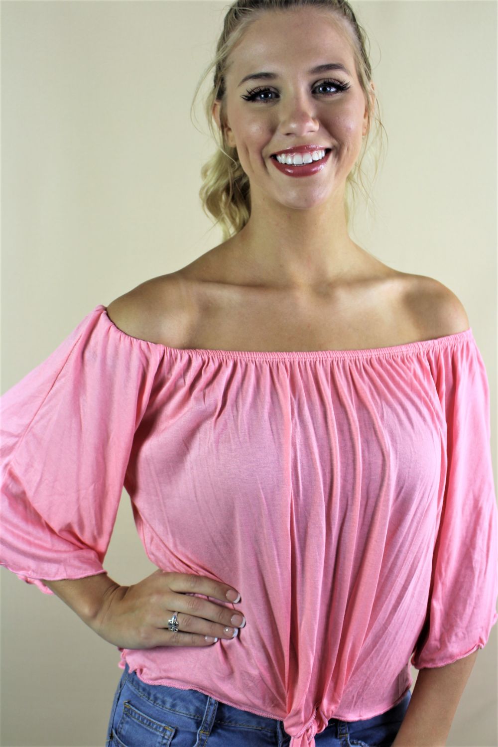 Women's Off Shoulder Solid Top with Front Knot