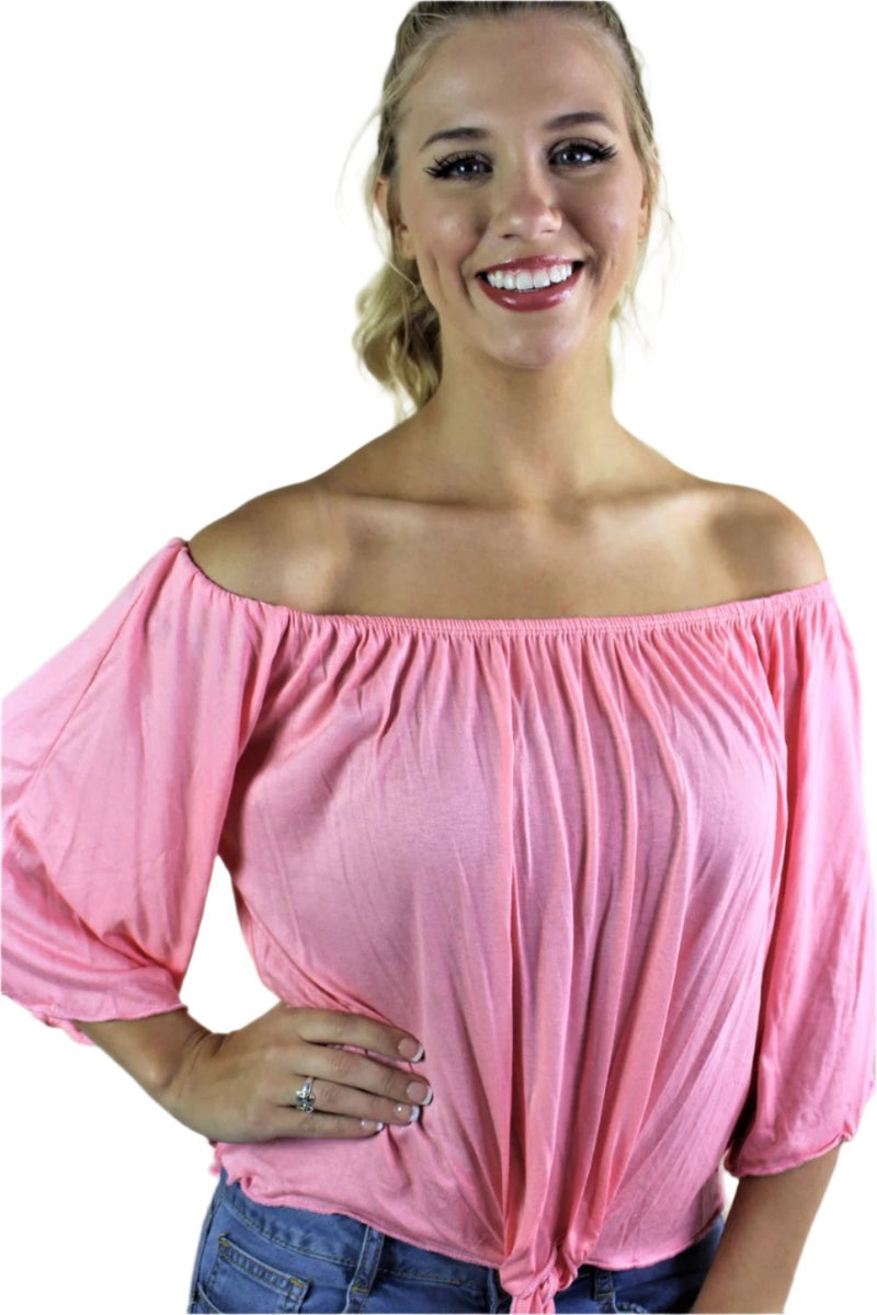 Women's Off Shoulder Solid Top with Front Knot