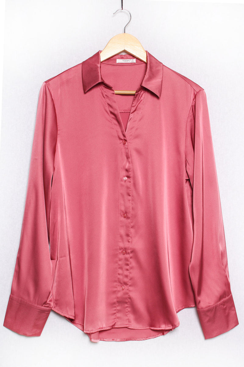 Women's Long Sleeve Satin Button Down Top