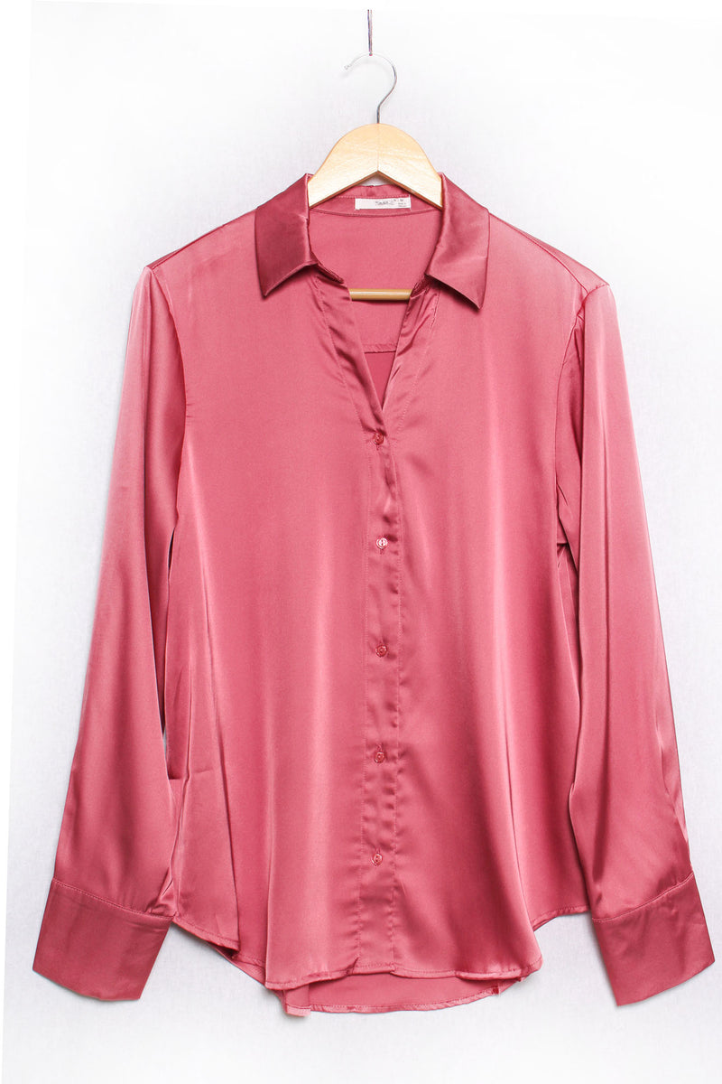 Women's Long Sleeve Satin Button Down Top