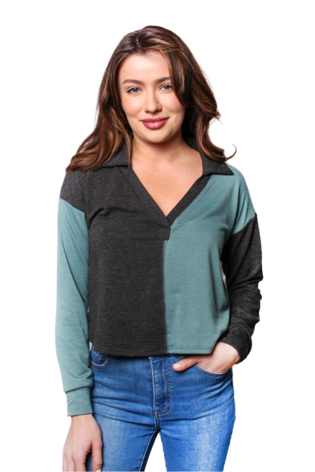 Women's Long Sleeve V Neck Colorblock Top