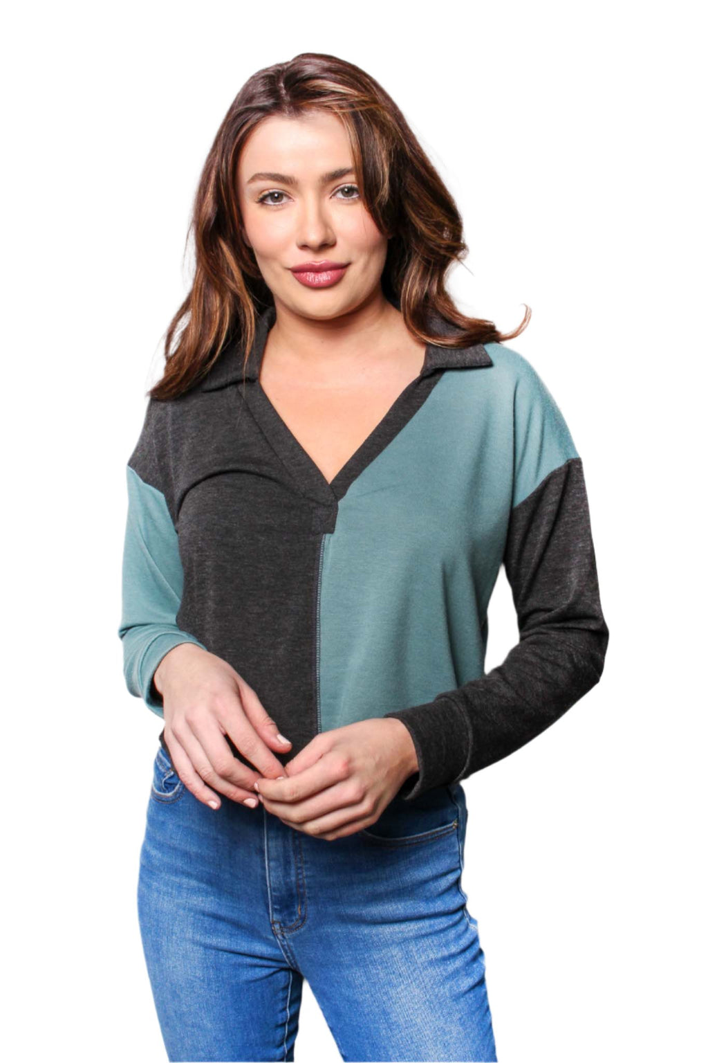 Women's Long Sleeve V Neck Colorblock Top