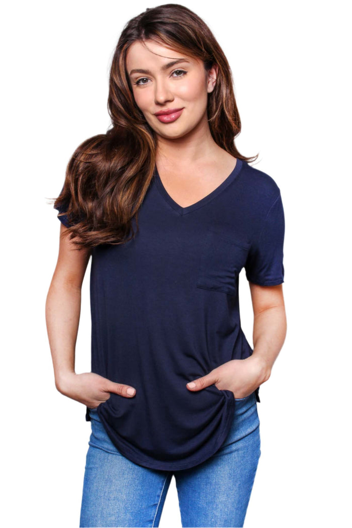 Women's Short Sleeve V Neck Front Pocket Top