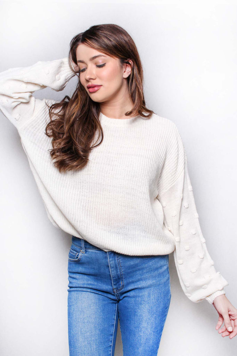 Women's Round Neck Long Sleeves Knitted Swiss Dot Sweater
