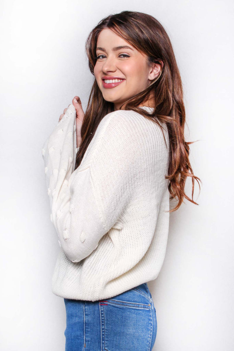 Women's Round Neck Long Sleeves Knitted Swiss Dot Sweater