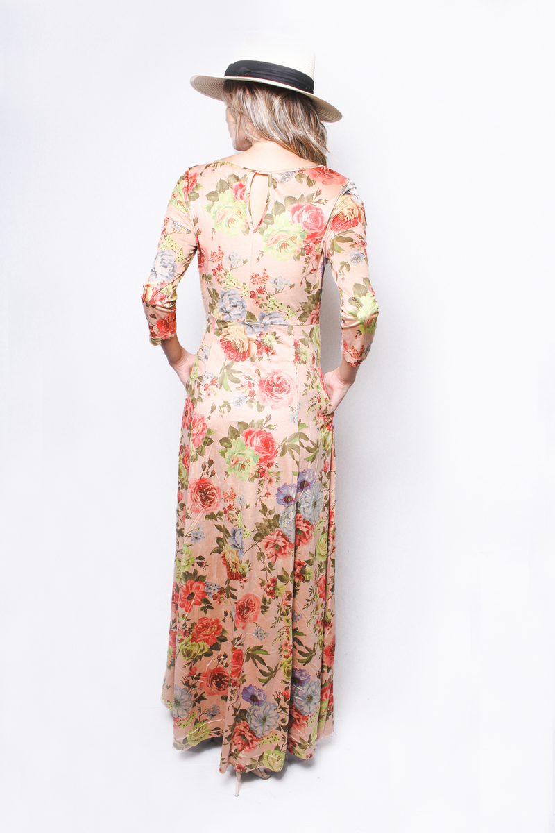 Women's 3/4 Sleeves Round Neck Floral Maxi Dress