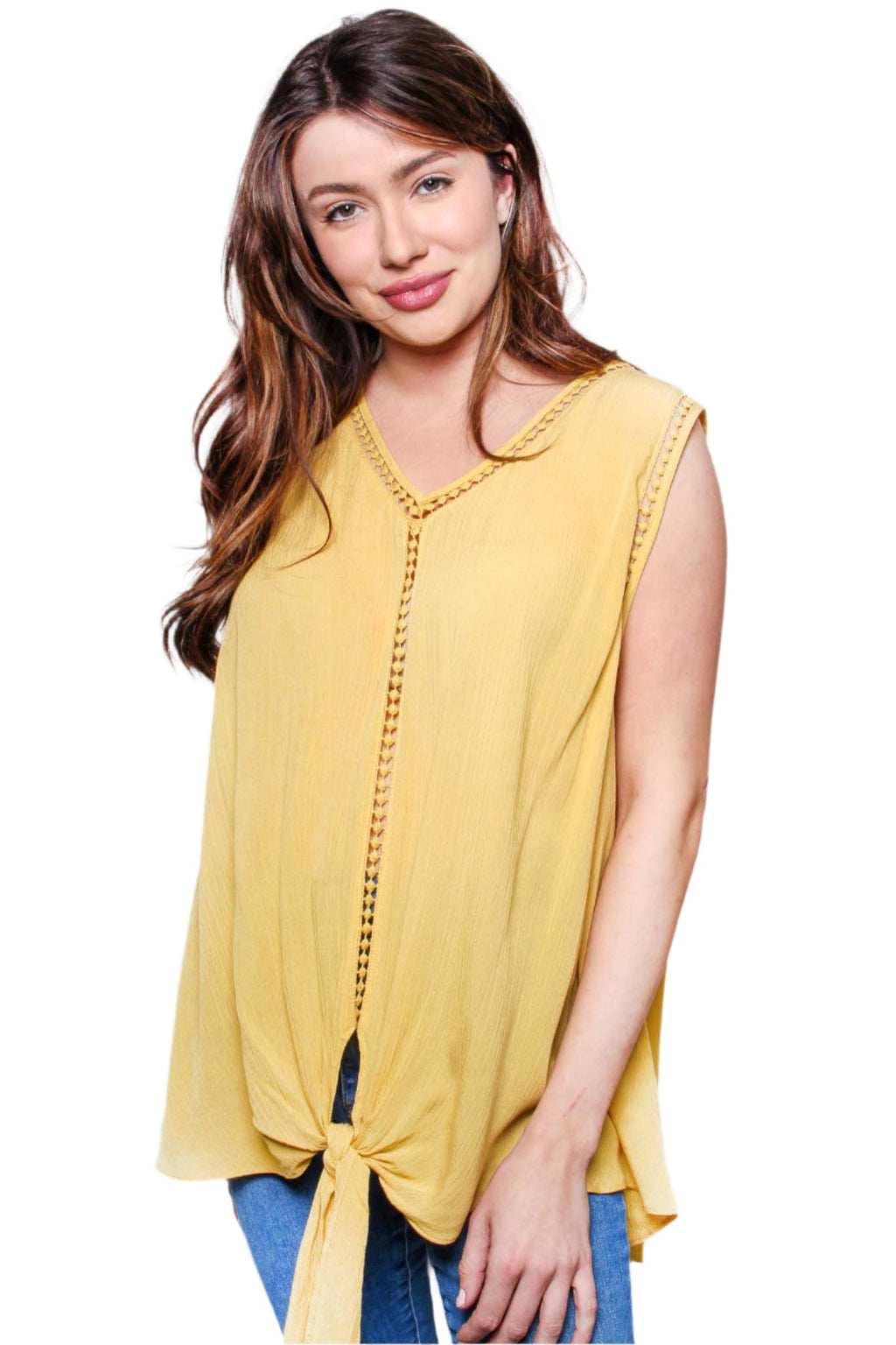 Women's Sleeveless Scoop Neck Embroidered Wrap Front Top