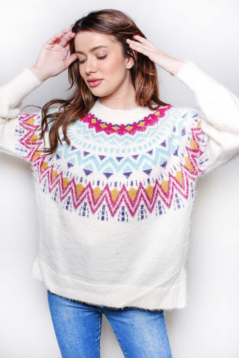 Women's Long Sleeves Crew Neck Print Knitted Sweater