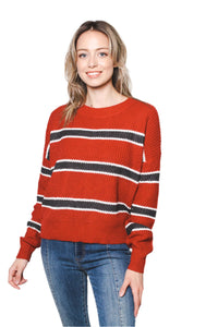 Women's Multi-Stripped Round Neck Long Sleeve Colorblock Low-Gauge Sweater
