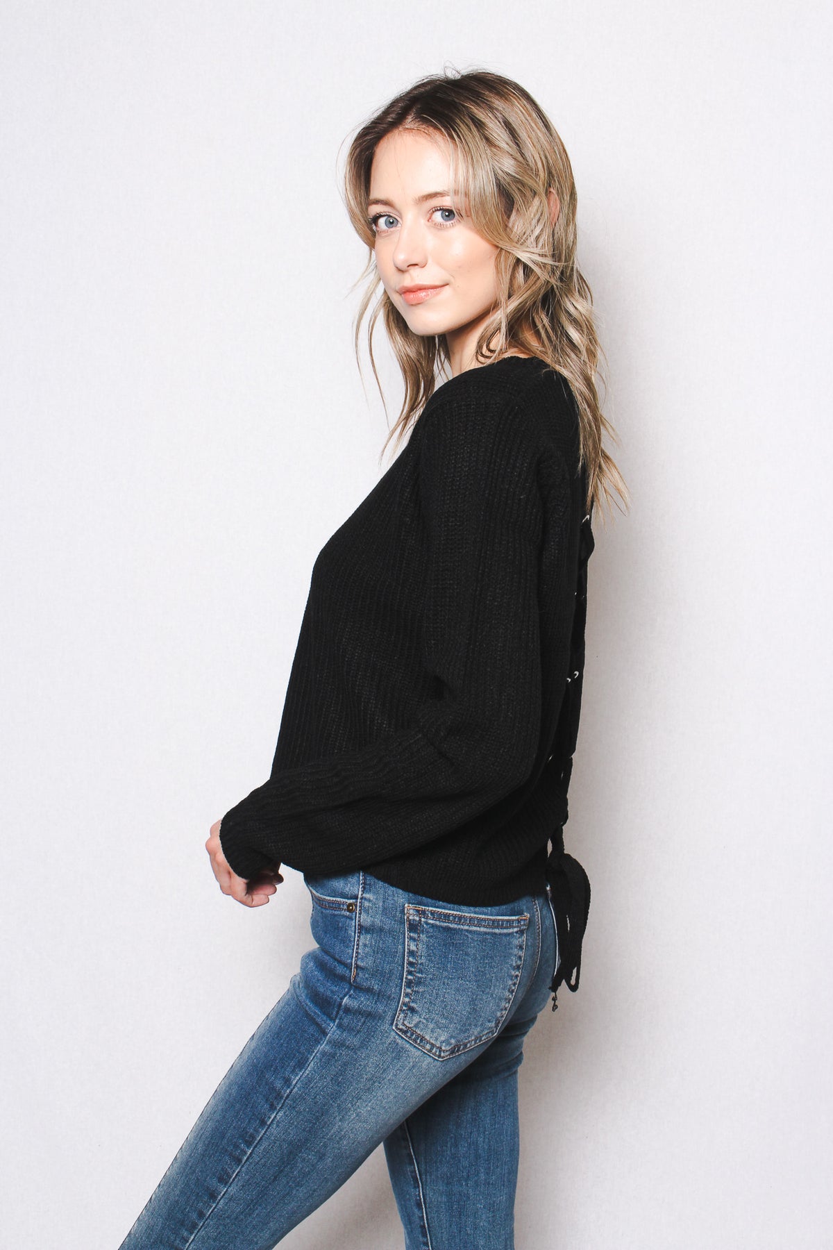 Women's Back Lace-Up Raglan Long Sleeve Low-Gauge Sweater