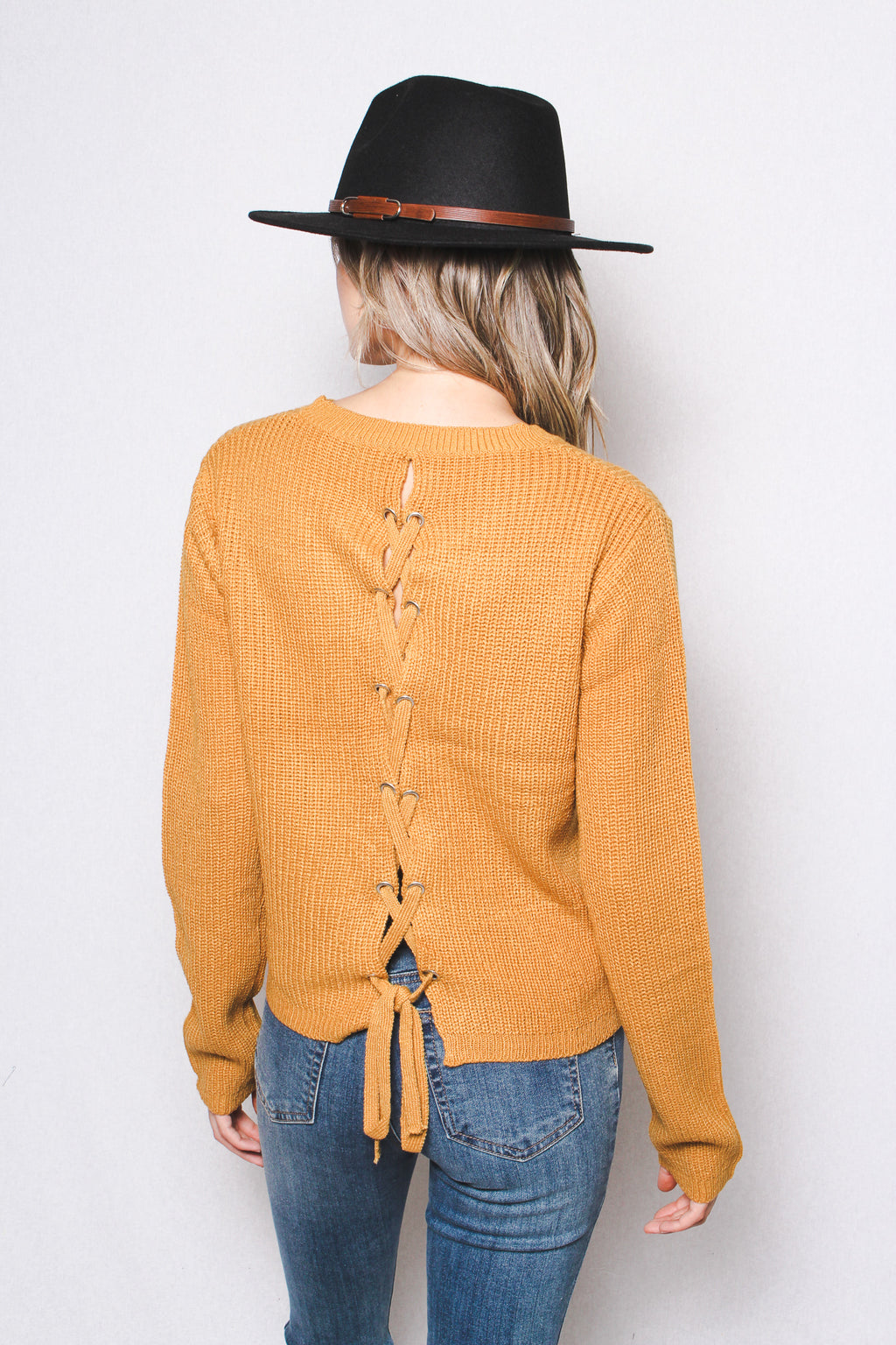 Women's Back Lace-Up Raglan Long Sleeve Low-Gauge Sweater