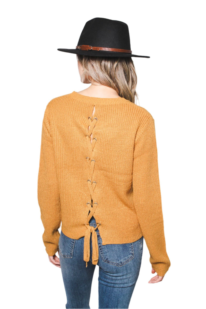 Women's Back Lace-Up Raglan Long Sleeve Low-Gauge Sweater