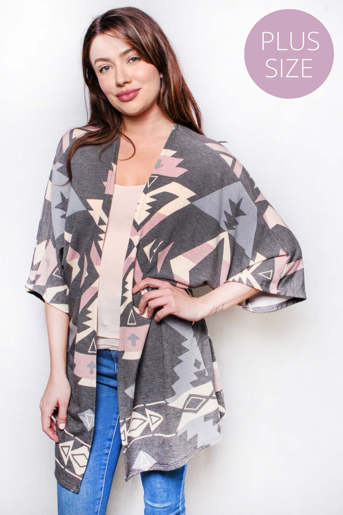 Women's Plus 3/4 Sleeves Printed Cardigan