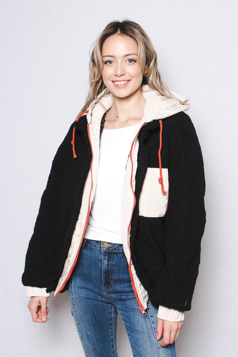 Women's Mixed Media Sherpa Boucle Hooded Oversized Jacket