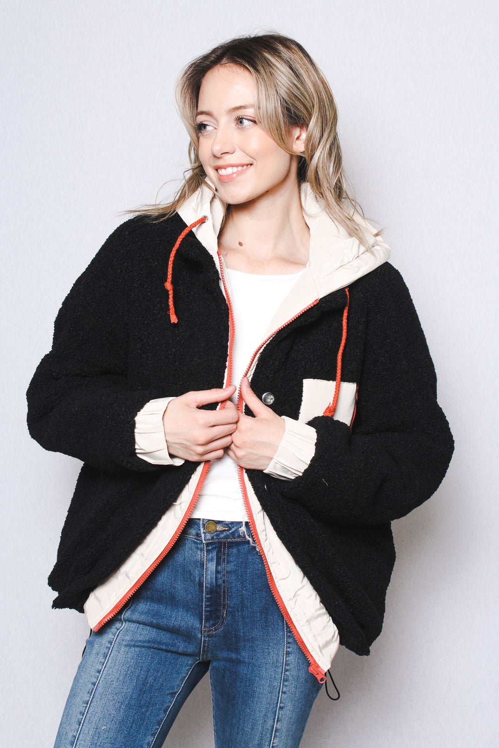 Women's Mixed Media Sherpa Boucle Hooded Oversized Jacket